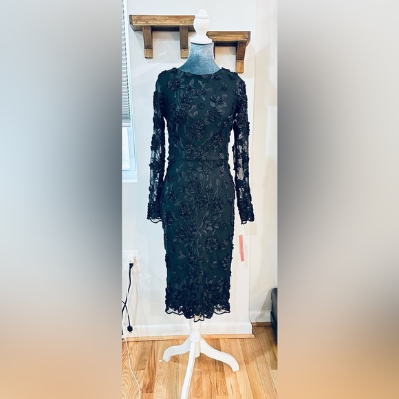 NWT AQUA Floral Embroidered Cocktail Party Dress Midi Long Sleeve Black - Picture 3 of 15
